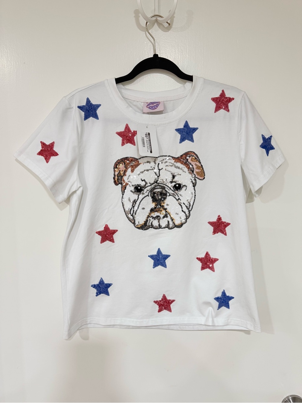 Sparkle City - White, Bulldog Sequin Tee with Red & Blue Stars